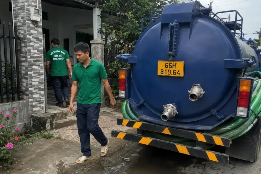 Xe hút chuyên dụng và nhân viên đứng trước cổng nhà