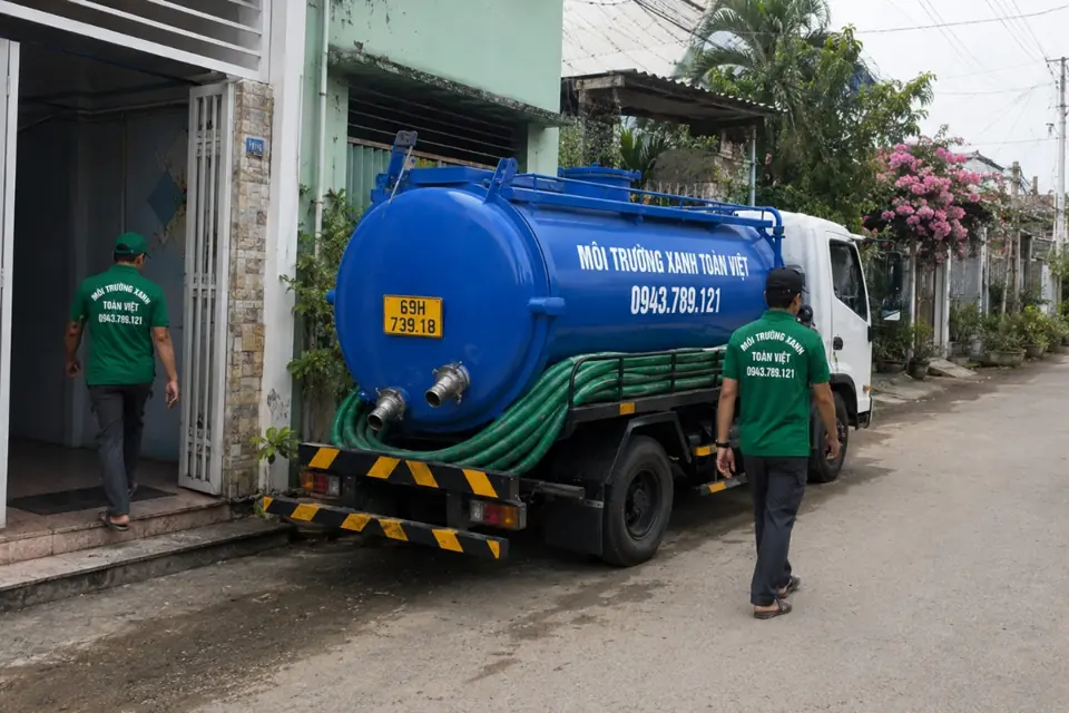 Xe bồn đứng trước nhà, đường ống đi vào bên trong