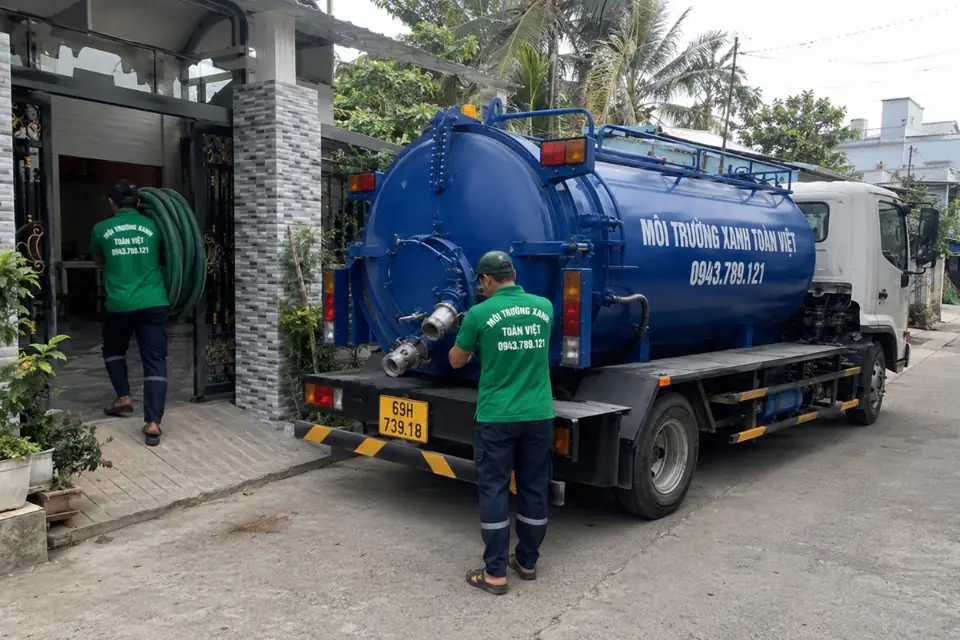 Nhân viên mang cuộn ống vào cổng, người còn lại đứng cạnh đầu nối sau xe bồn