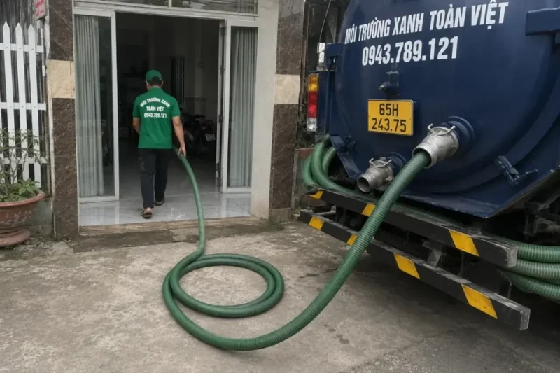 Ống h&uacute;t nối từ xe bồn To&agrave;n Việt qua cửa nh&agrave;