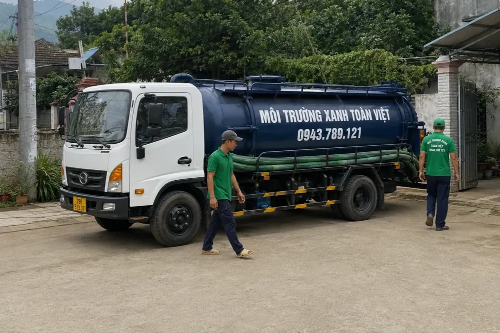 Xe bồn có cabin màu trắng và bồn màu xanh.