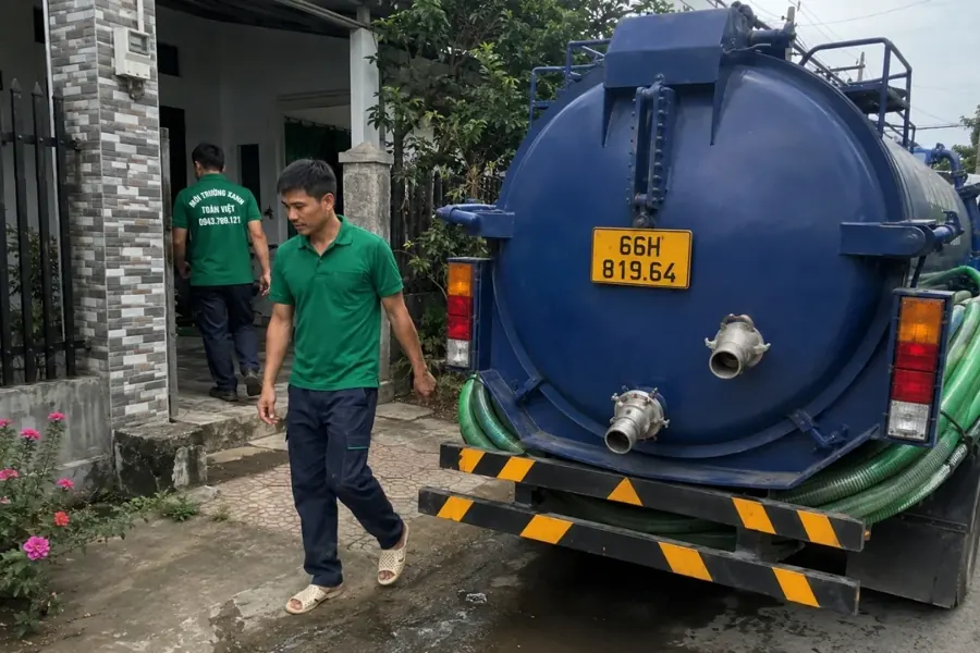 Xe hút chuyên dụng cùng nhân viên trước cổng nhà