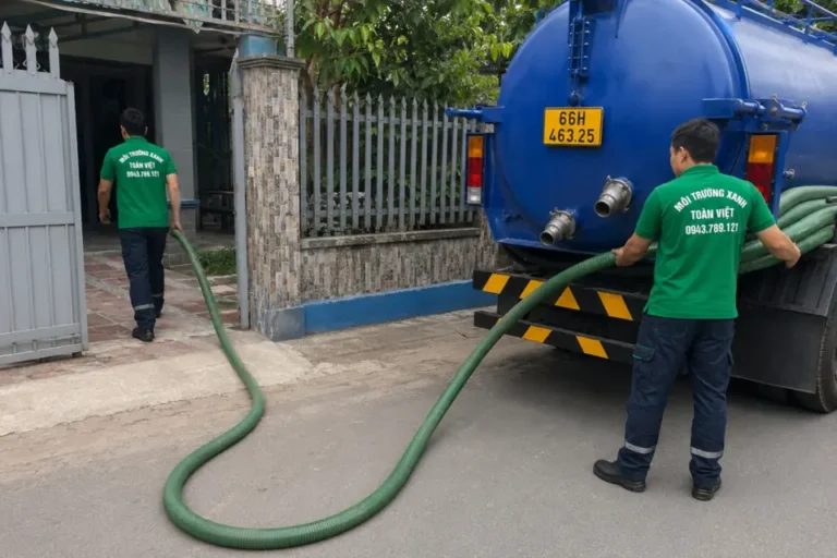 Nhân viên kiểm tra đường ống nối với xe bồn