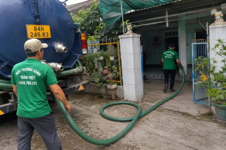 Nhân viên đưa ống từ xe vào cổng nhà