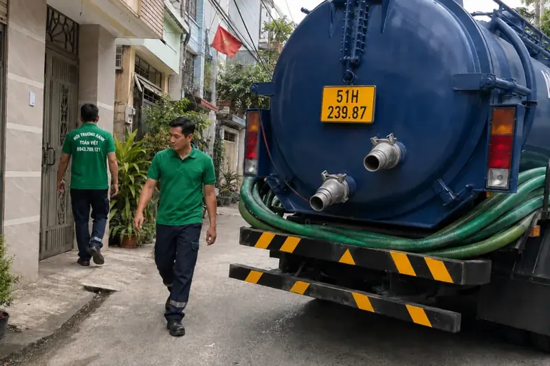 Nhân viên Toàn Việt phối hợp công việc cạnh xe bồn