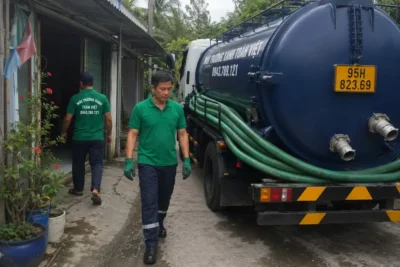 Hút hầm cầu Hậu Giang: xe bồn và nhân viên Toàn Việt bố trí ống hút