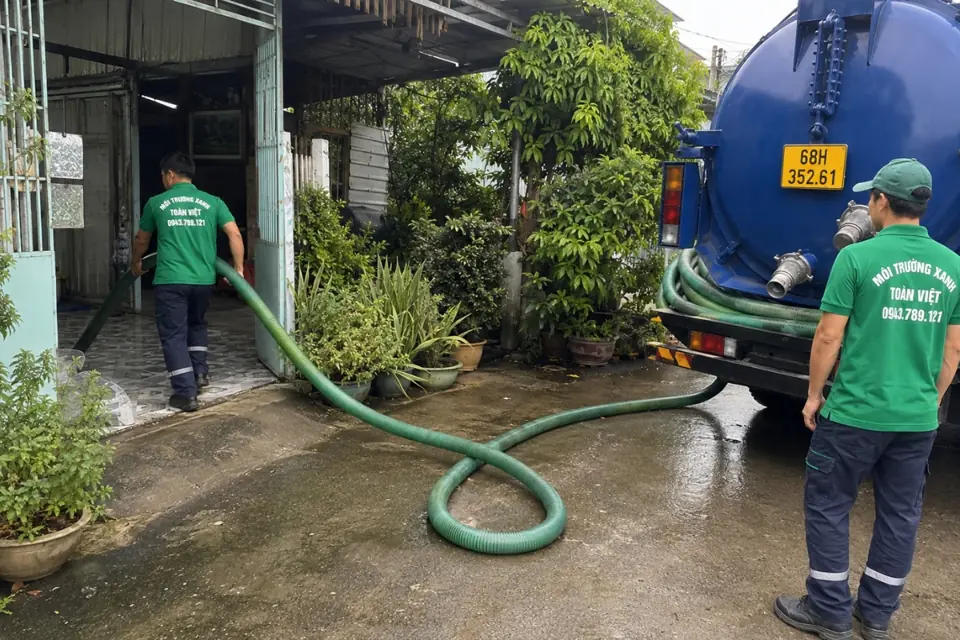 Nhân viên dẫn ống xanh từ xe vào cổng