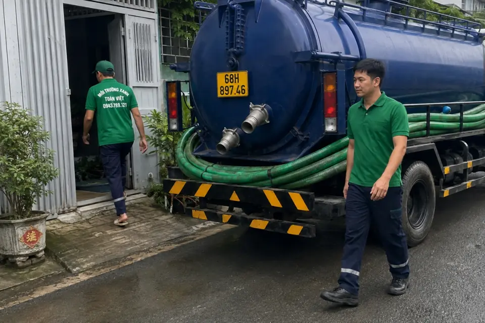 Hút hầm cầu An Minh giá rẻ uy tín | Toàn Việt 42 Nhân viên áo xanh và xe bồn tại lối vào khu nhà