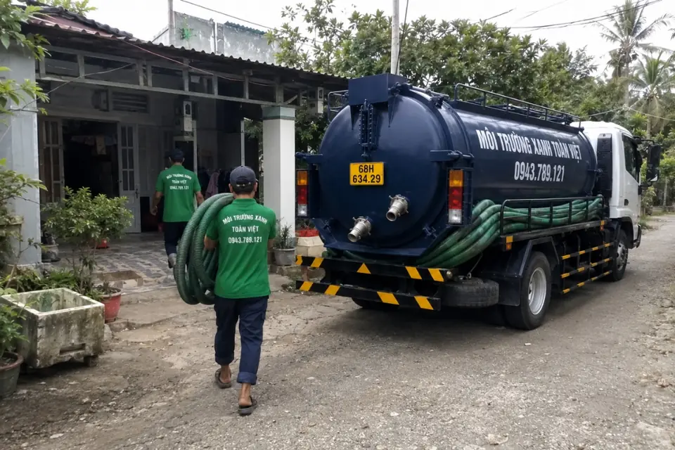 Xe bồn và nhân viên tại cổng nhà bên đường