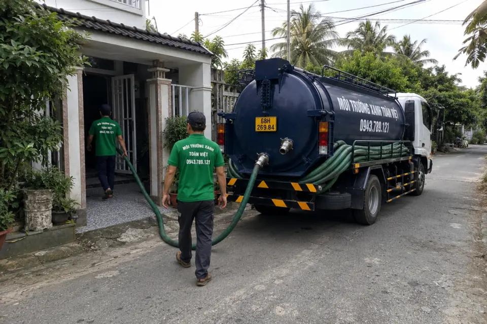 Hút hầm cầu An Minh giá rẻ uy tín | Toàn Việt 38 Nhân viên áo xanh và xe bồn tại lối vào khu nhà