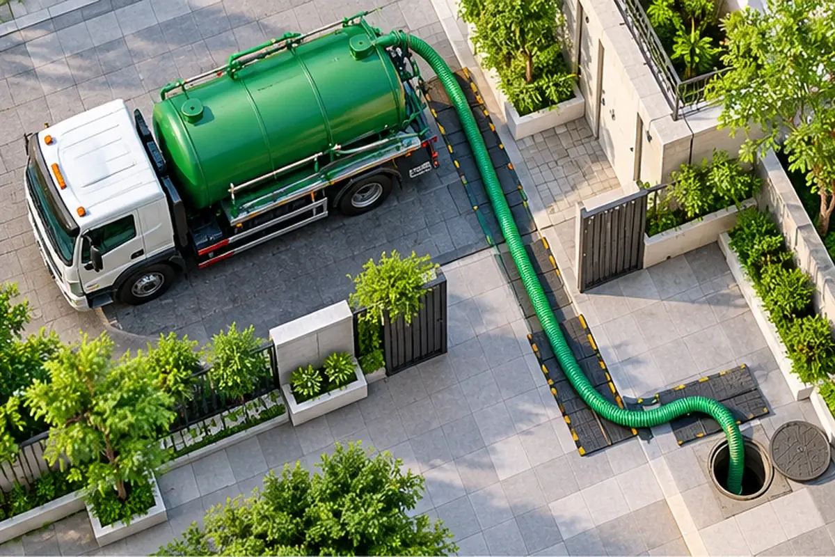 Hút hầm cầu Ngũ Hành Sơn giá rẻ uy tín | Toàn Việt 30 Xe bồn màu xanh kết nối bằng ống hút theo lối bảo vệ vào khu cửa hầm trong sân