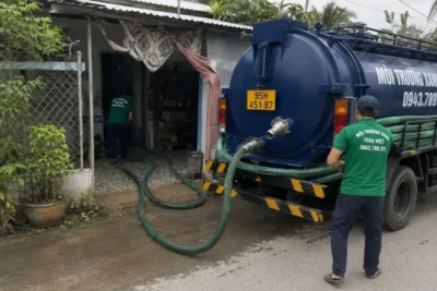 Thợ Toàn Việt kéo ống từ xe hút vào nhà