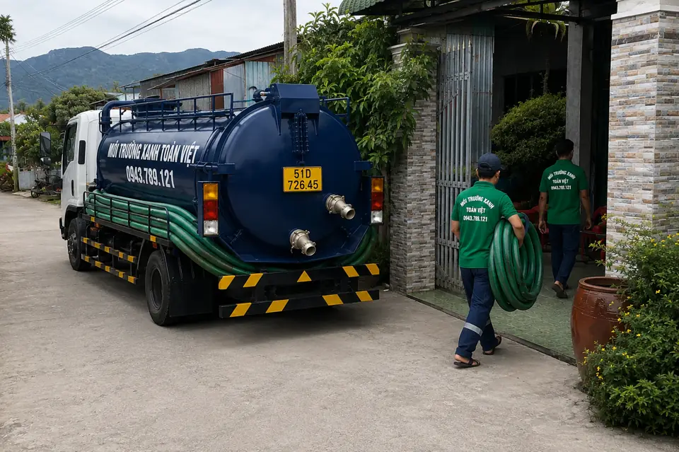 Xe bồn và nhân viên tại vị trí dừng trước nhà
