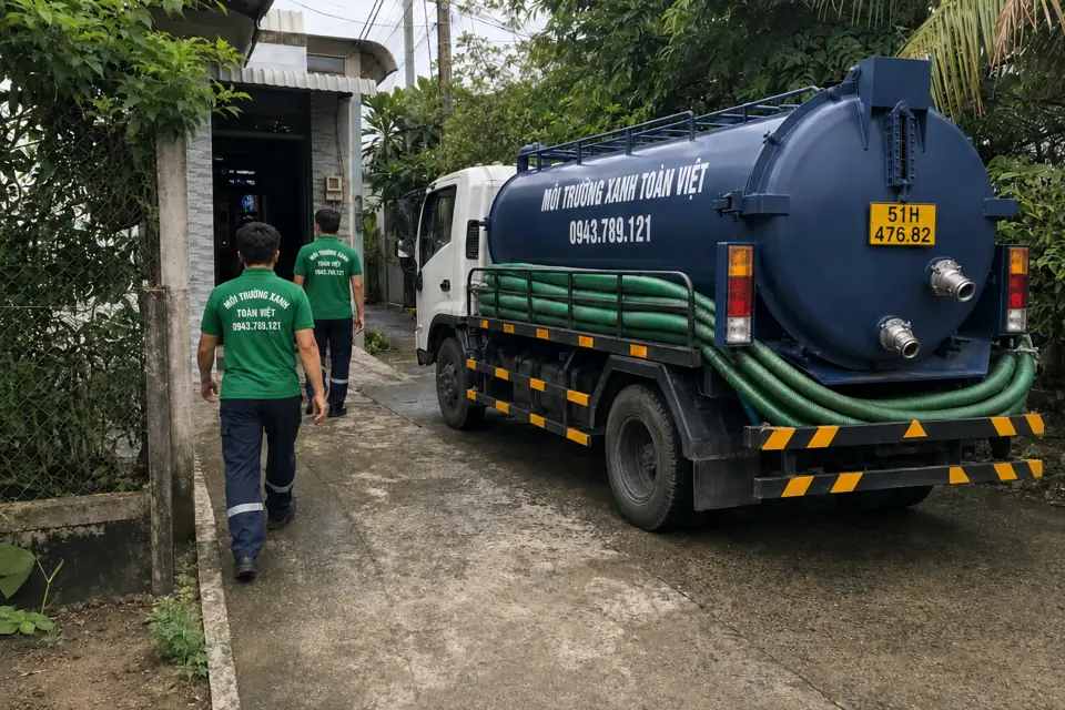 Hút hầm cầu Quận 10: xe bồn bố trí trước cổng và khoảng thao tác hai bên