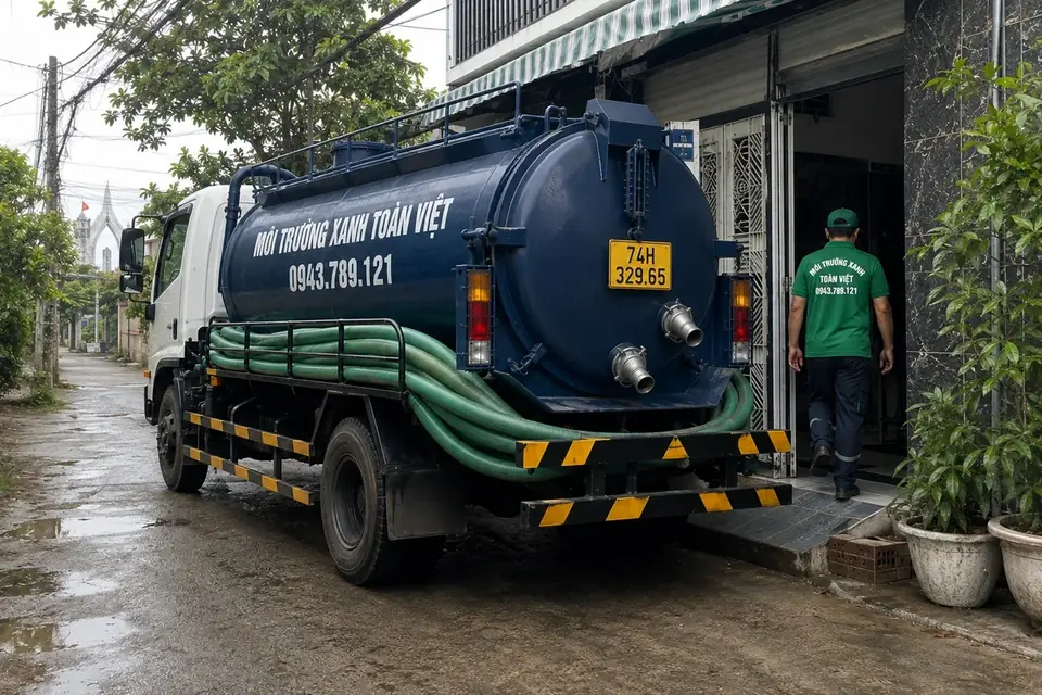 Xe bồn Toàn Việt đỗ cạnh nhà, ống hút chạy dọc lối vào