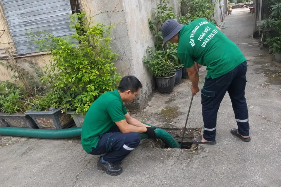 Hút hầm cầu Sa Đéc giá rẻ uy tín | Toàn Việt 30 Nhân viên và đường ống cạnh khu vực cây trồng