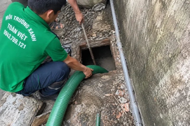 Hút hầm cầu Sa Đéc giá rẻ uy tín | Toàn Việt 28 Nhân viên bố trí thao tác tại khu vực hầm