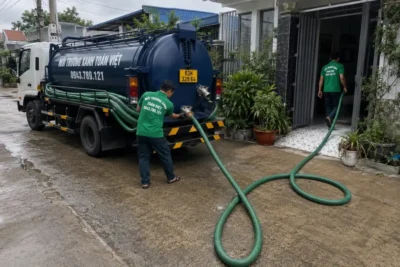 Xe bồn và nhân viên bố trí ống hút – thư viện hút hầm cầu Sóc Trăng của Toàn Việt