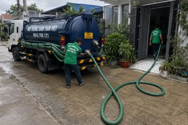 Hút hầm cầu Thủ Dầu Một giá rẻ uy tín | Toàn Việt 32 Xe bồn Toàn Việt và tuyến ống đưa qua cổng nhà