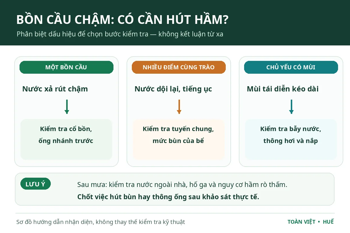Sơ đồ phân luồng kiểm tra khi một thiết bị nghẹt, nhiều thiết bị trào hoặc mùi hôi