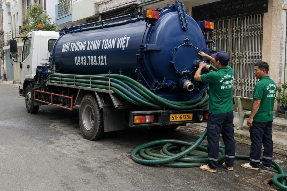 Hút hầm cầu Tân Bình giá rẻ uy tín | Toàn Việt 7 Hướng dẫn hút hầm cầu Tân Bình: Xe bồn Toàn Việt và hai nhân viên chuẩn bị ống hút bên đường