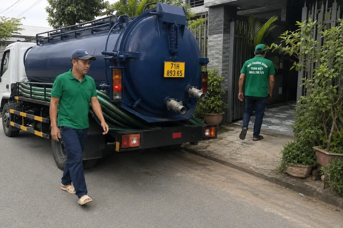 Xe bồn và nhân viên Toàn Việt trước cổng nhà