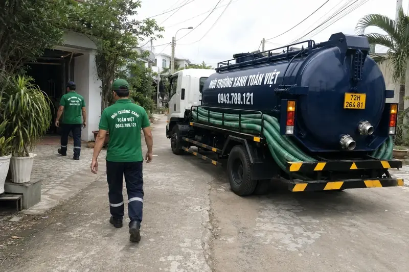 Xe bồn và hai nhân viên trên đường vào khu nhà có cây xanh