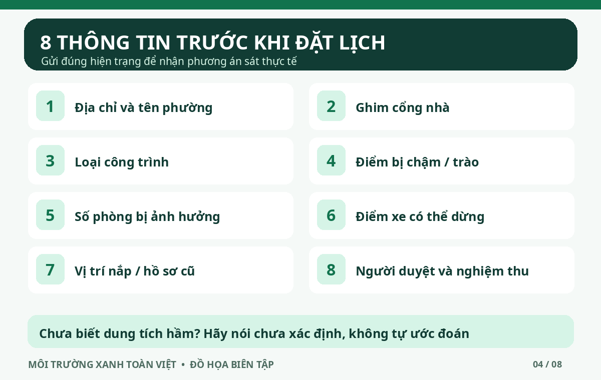 Bảng kiểm t&aacute;m th&ocirc;ng tin gồm địa chỉ, ghim cửa, hiện trạng, lối xe, nắp hầm v&agrave; người duyệt.