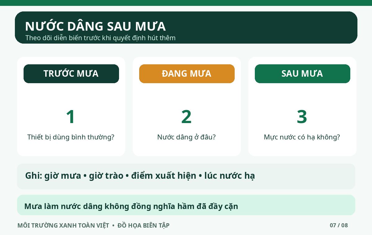 Sơ đồ ghi hiện tượng trước mưa, đang mưa v&agrave; sau mưa khi nước d&acirc;ng.