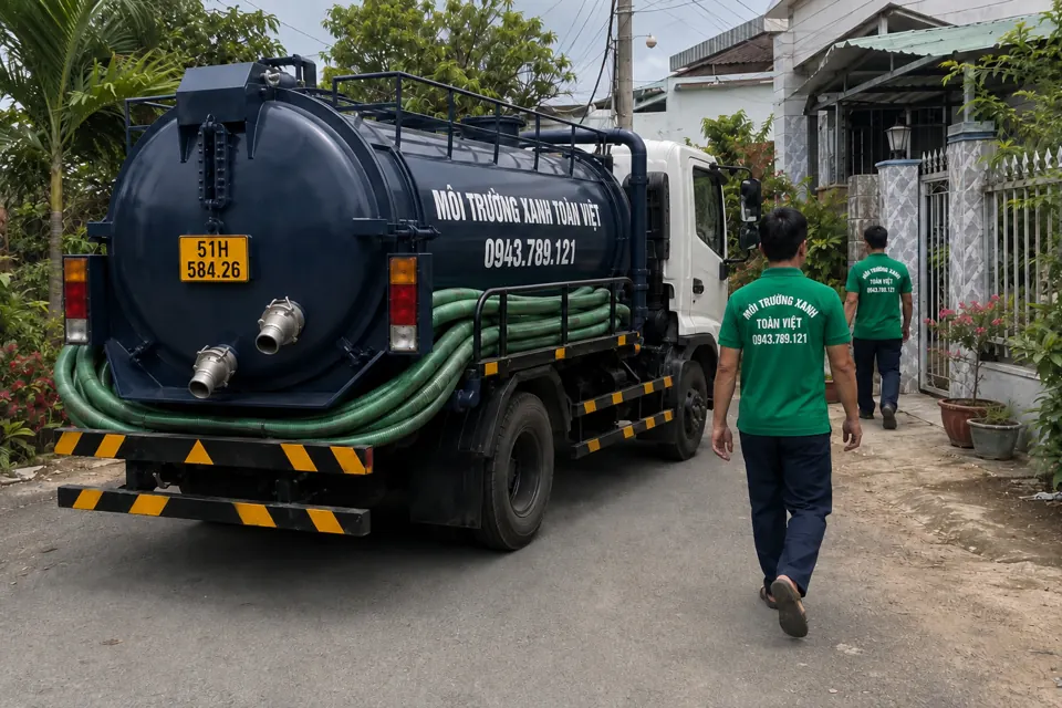 Nhân viên đi cạnh xe bồn và cổng nhà