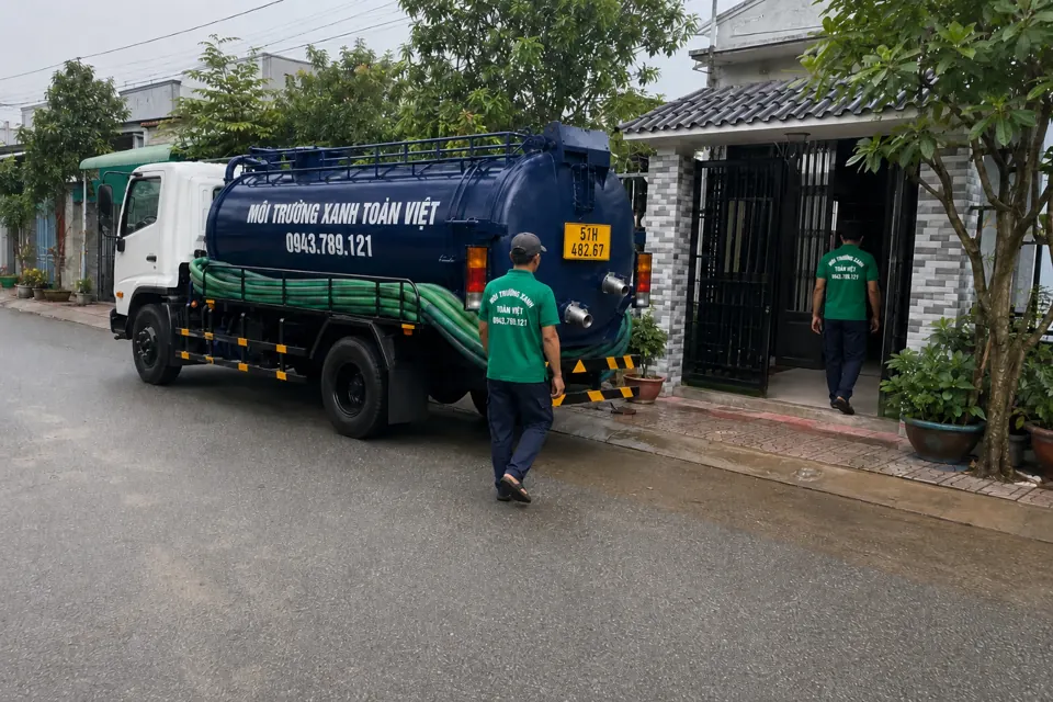 Nhân viên đứng gần xe bồn bên mặt đường