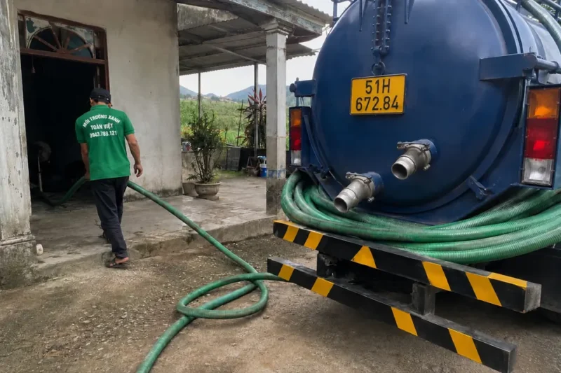 Ống xanh nối từ ph&iacute;a sau xe bồn v&agrave;o khu nh&agrave;
