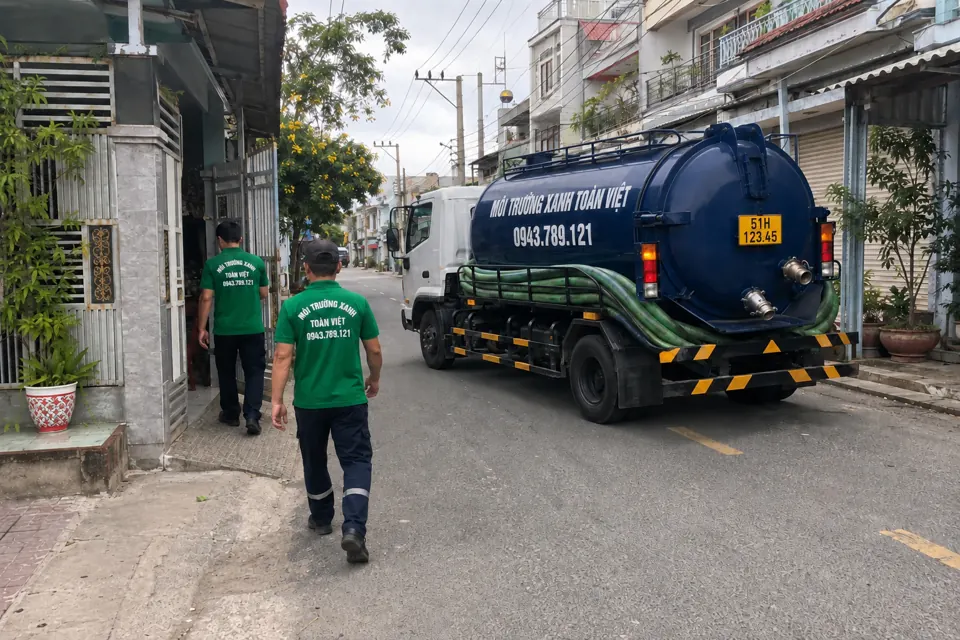Nhân viên và xe bồn trên tuyến đường giữa các nhà