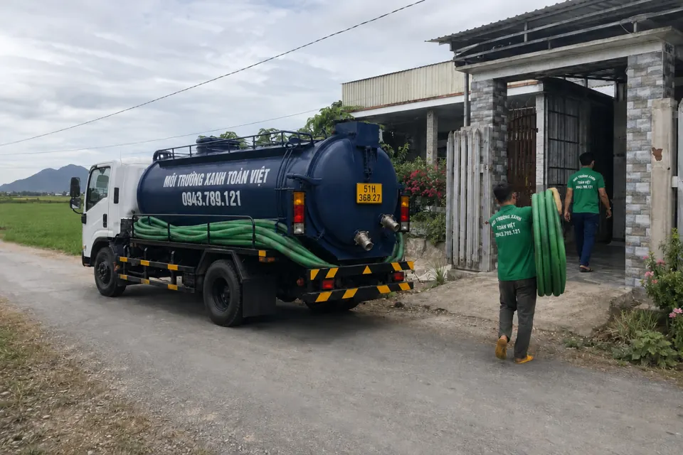 Xe bồn Toàn Việt đỗ cạnh đường và nhà dân