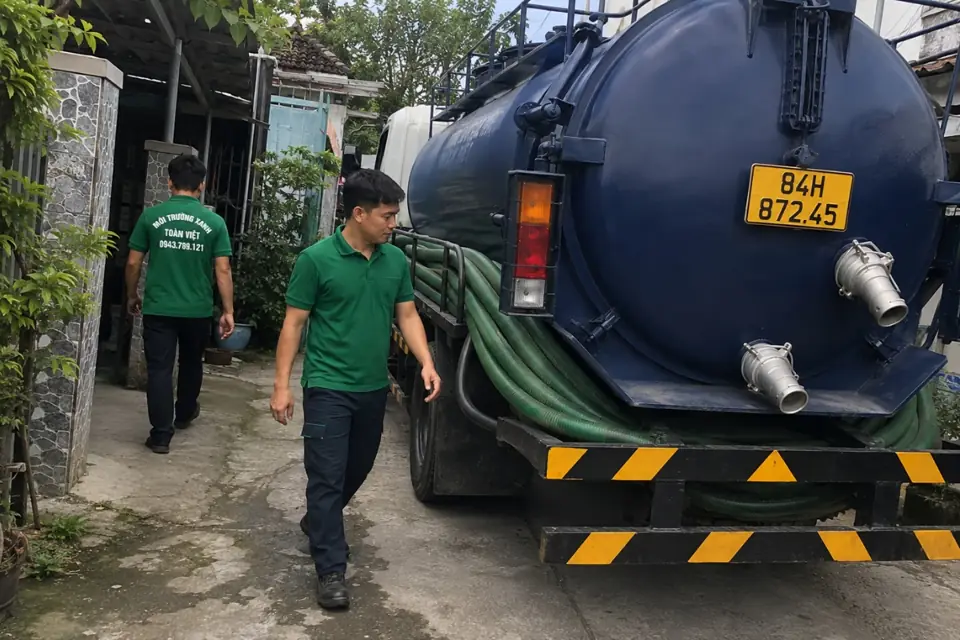 Nhân viên chuẩn bị đường ống bên xe