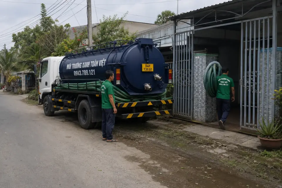 Xe bồn dừng trước cổng nhà