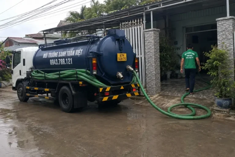Hút hầm cầu Tri Tôn An Giang giá rẻ uy tín | Toàn Việt 16 Ống hút bố trí ngoài sân cạnh xe bồn Toàn Việt.