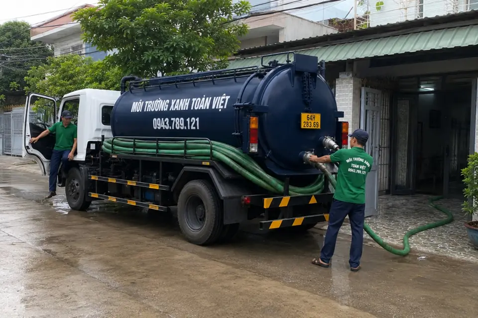 Nhân viên kéo ống từ xe vào sân