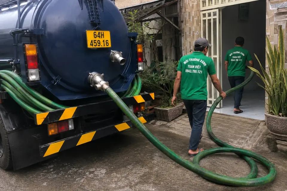 Đội kỹ thuật bố trí dây ống qua cổng – hút hầm cầu Vĩnh Long