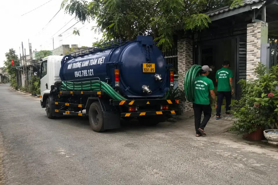 Xe và đội kỹ thuật ở phía trước nhà