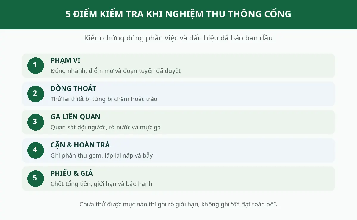 Đồ họa năm mục kiểm tra sau khi thông cống và nghiệm thu