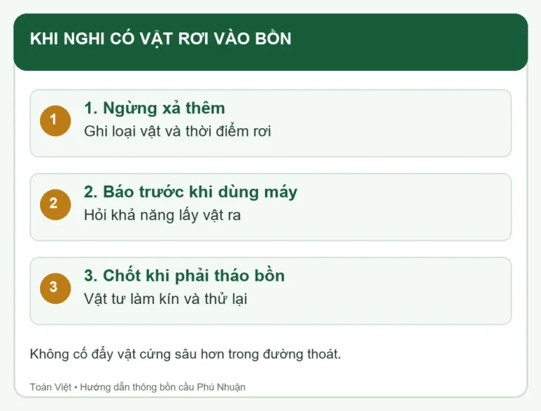 Sơ đồ ba bước trao đổi khi nghi c&oacute; vật rơi trong bồn cầu