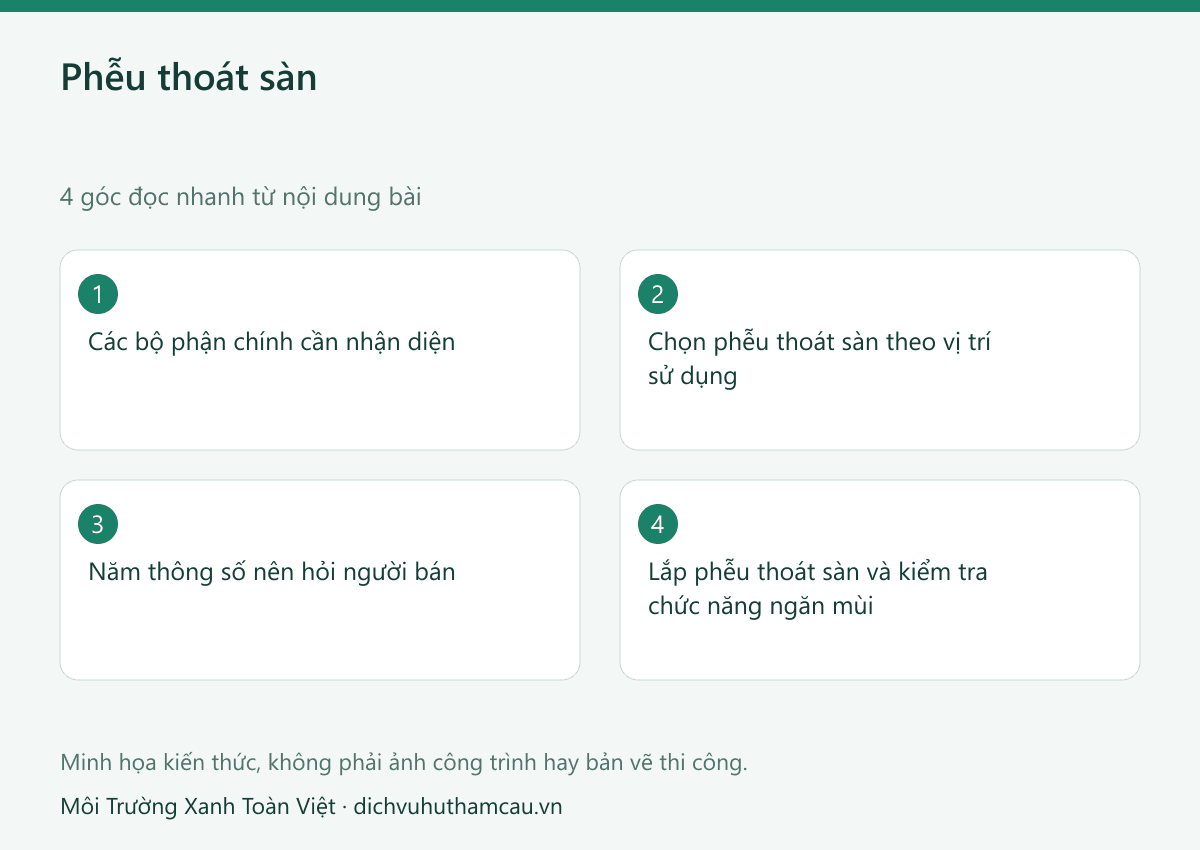 Phễu thoát sàn: cấu tạo, các loại và cách chọn đúng vị trí 2 Infographic phễu thoát sàn: bốn góc đọc nhanh theo nội dung bài