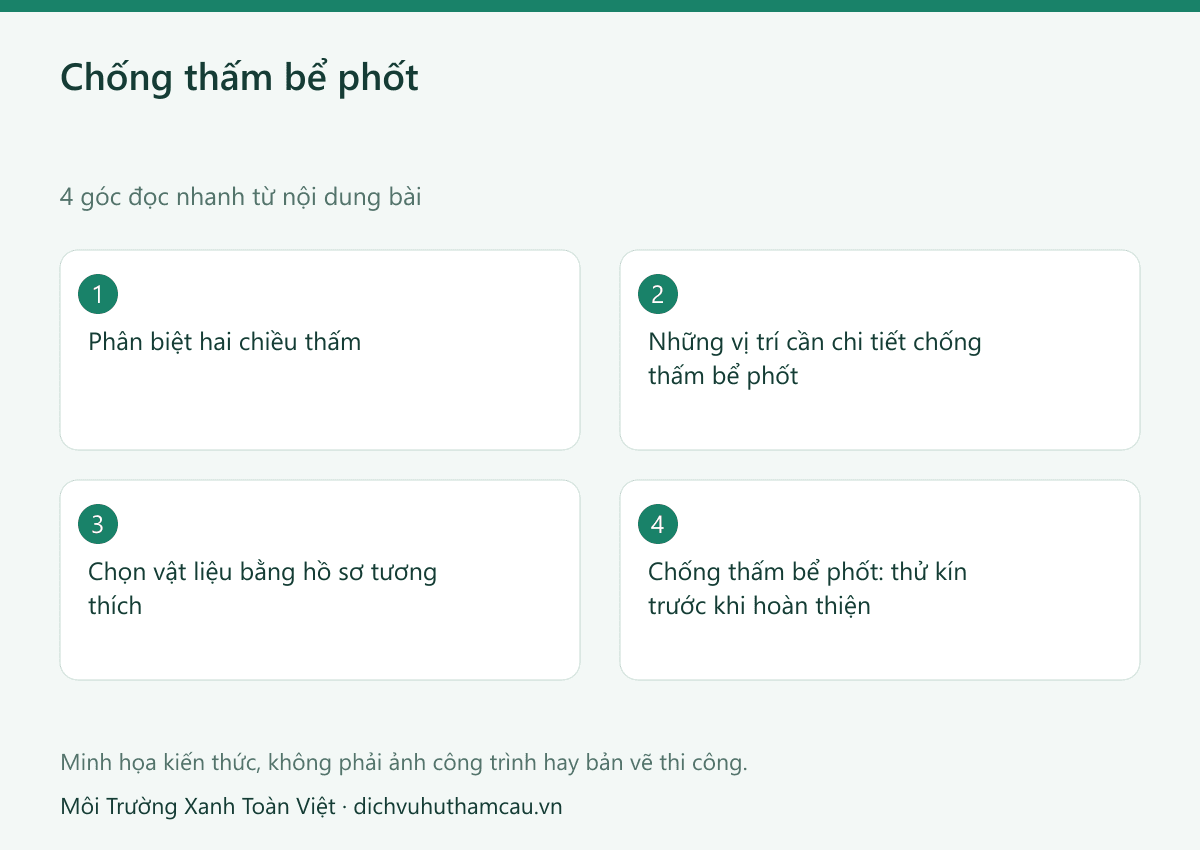 Chống thấm bể phốt: vị trí cần xử lý và lỗi thi công thường gặp 2 Infographic chống thấm bể phốt: bốn góc đọc nhanh theo nội dung bài