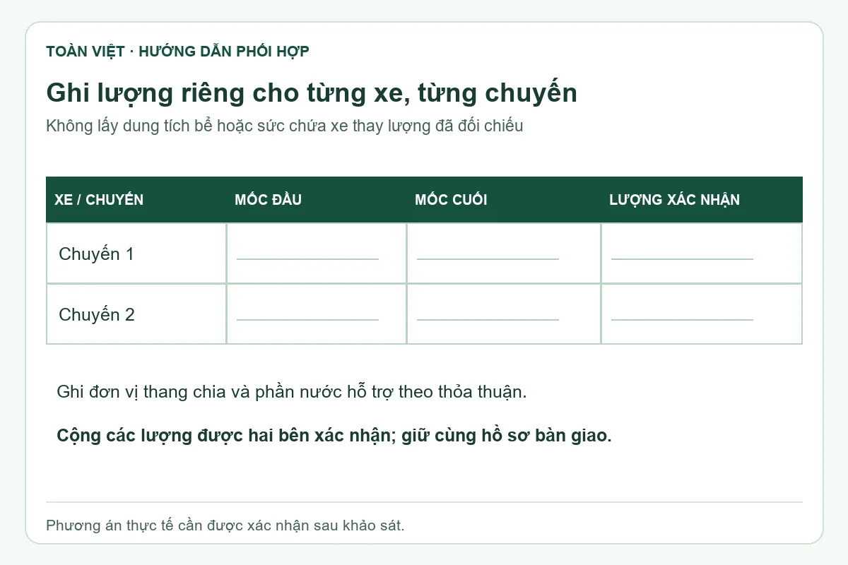 Mẫu trống ghi xe, chuyến, mốc đầu, mốc cuối và lượng xác nhận.
