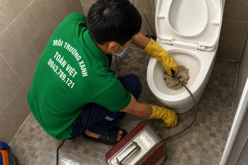 Nhân viên đeo găng vàng giữ dây máy tại bồn cầu