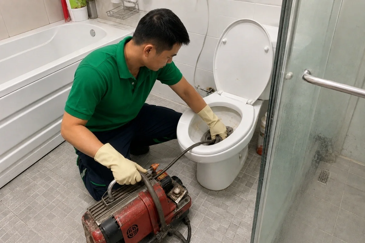 Thông bồn cầu Quận 5 giá rẻ uy tín | Toàn Việt 15 Nhân viên đeo găng vàng đưa dây từ máy vào bồn cầu