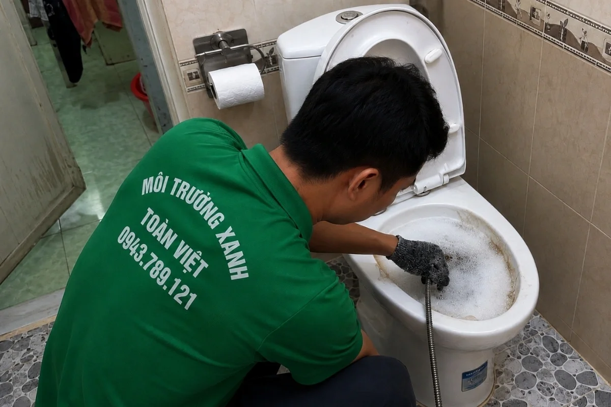 Thông bồn cầu Quận 5 giá rẻ uy tín | Toàn Việt 13 Nhân viên đeo găng xám thao tác với dây trong lòng bồn