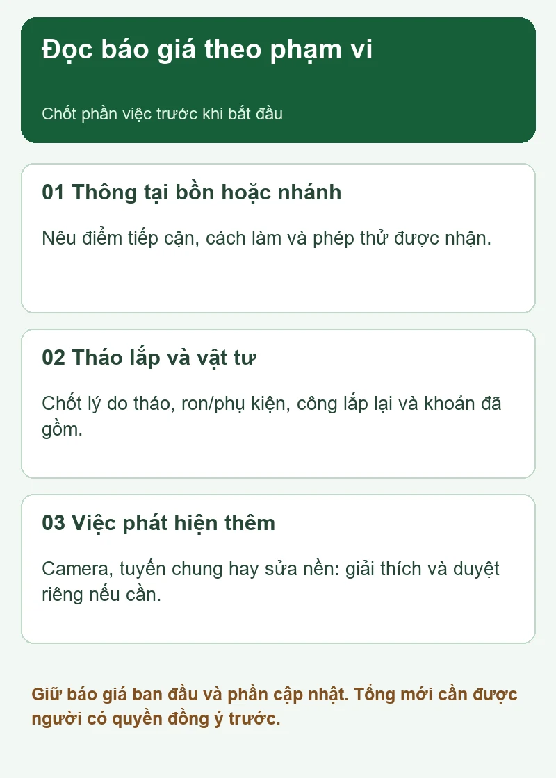 Sơ đồ phạm vi báo giá thông bồn cầu và phần việc phát sinh