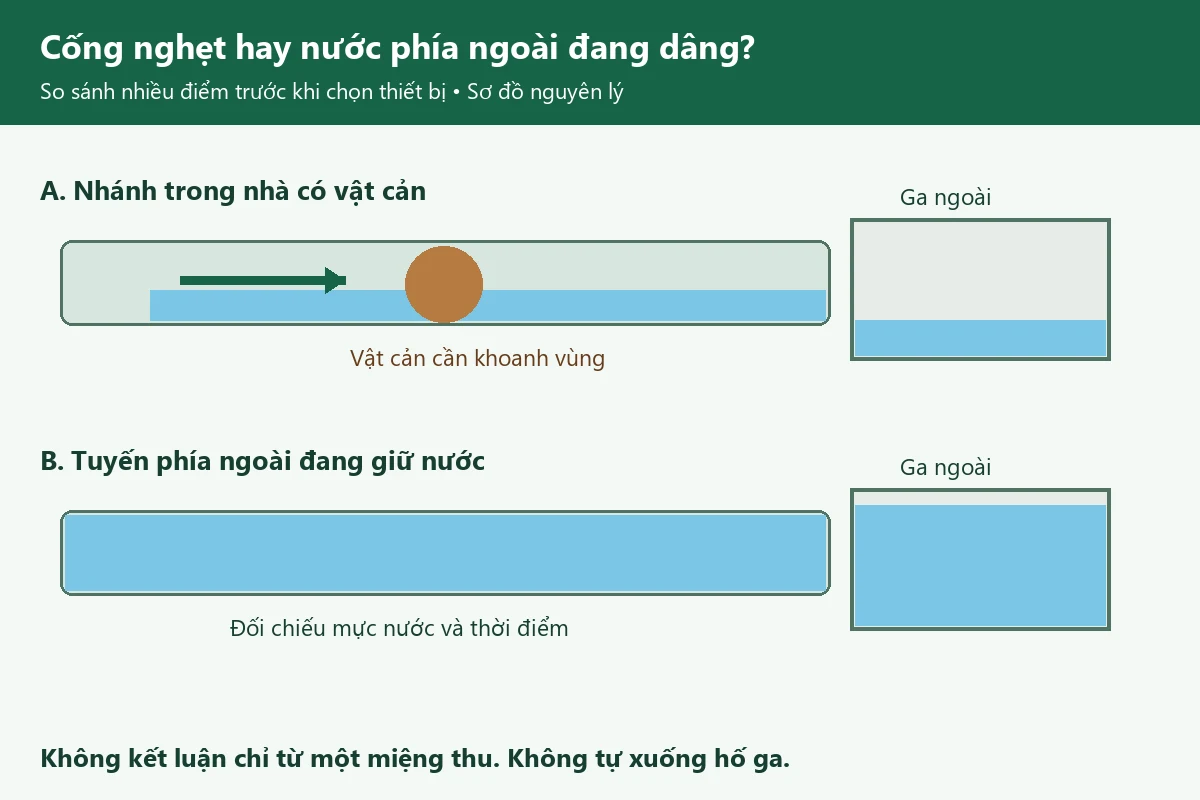 Thông cống nghẹt Rạch Giá giá rẻ uy tín | Toàn Việt 14 Sơ đồ thông cống nghẹt Rạch Giá: phân biệt vật cản trong nhánh và nước phía ngoài dâng
